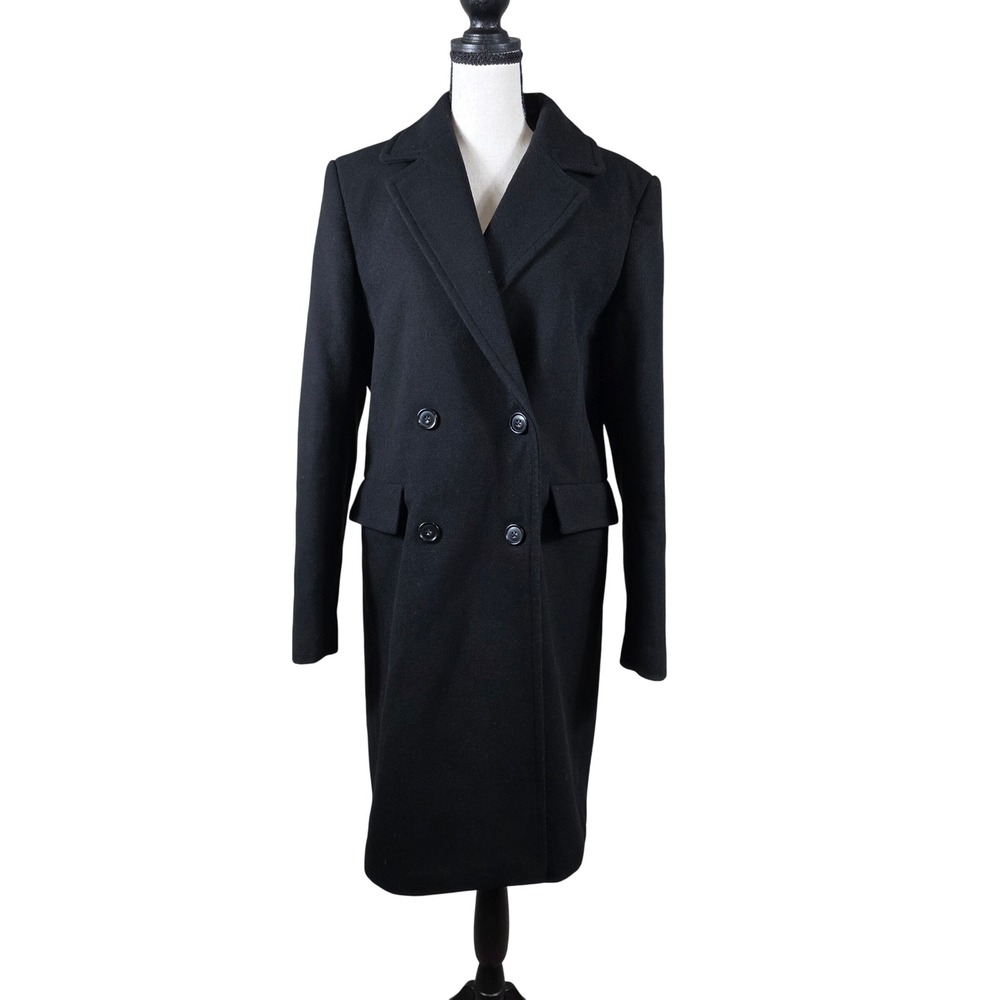 MNG Mango Double Breasted Wool Blend Long Coat Black Sz L Winter Classic Formal
